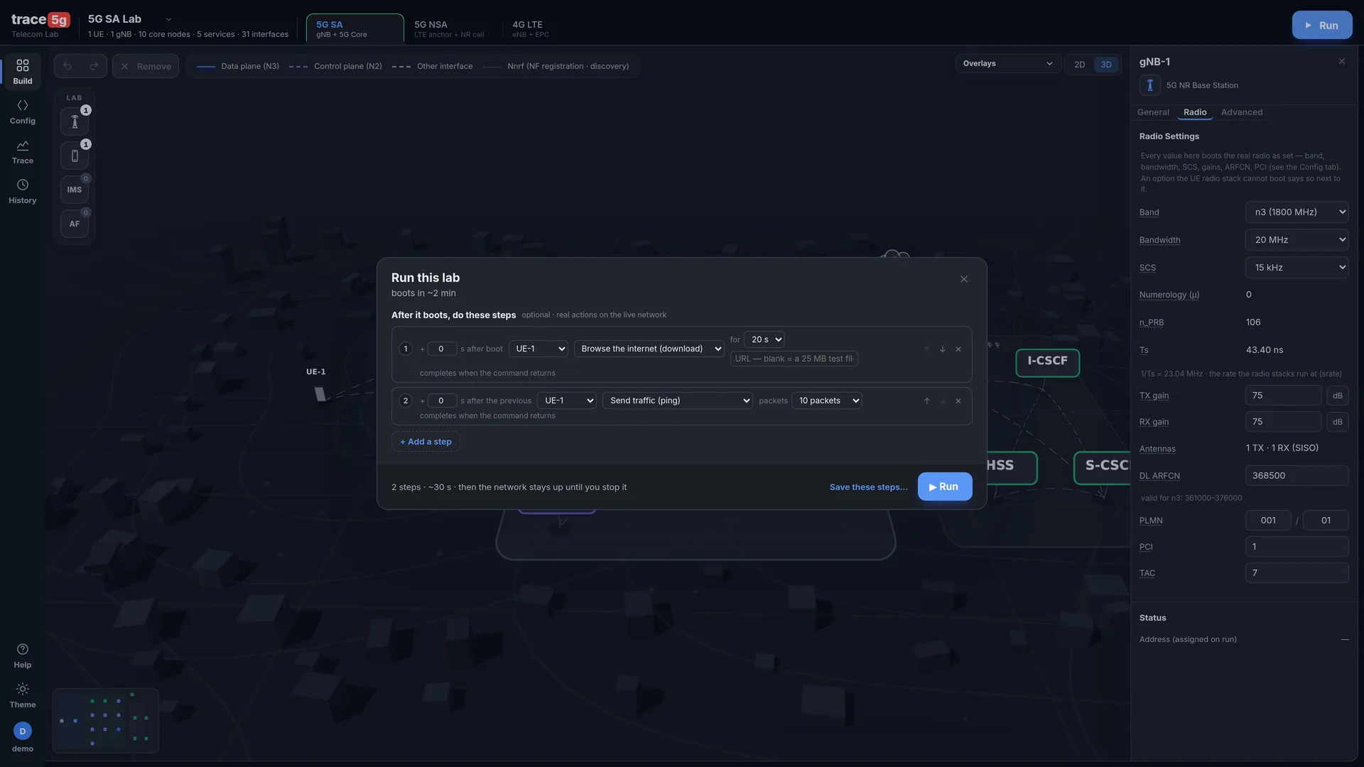 Actual Trace5G scenario editor with node actions and timing